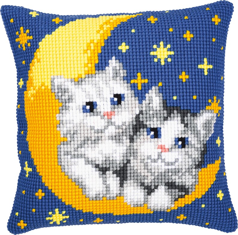 Cross Stitch Cushion Kit Cats on the Moon Blue Nursery Decor Etsy