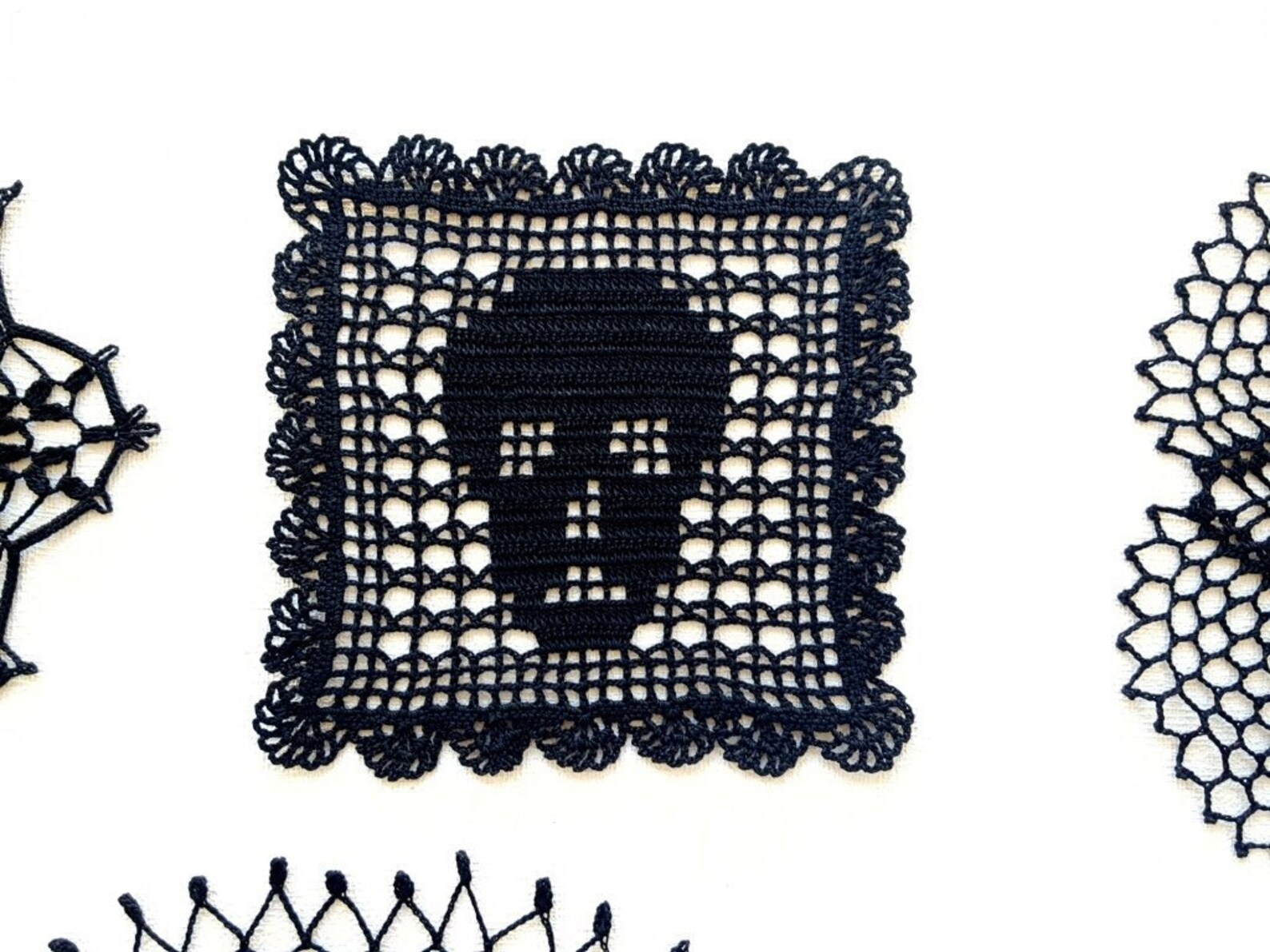 Black Crochet Skull Doily Square Doily Scary Table Topper Etsy