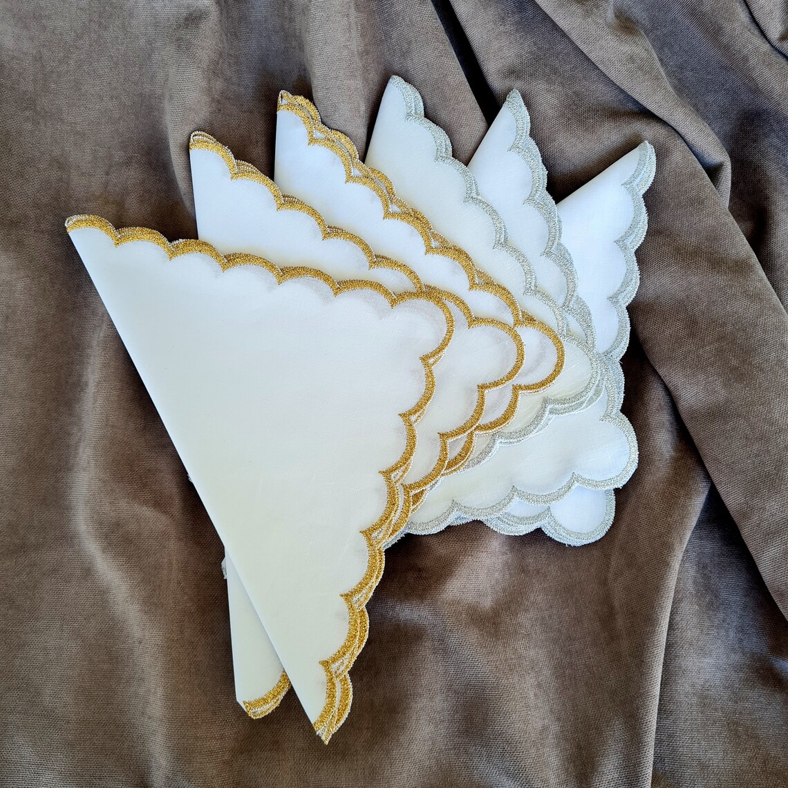 White napkins with scalloped edges gold and silver trimmed. Etsy