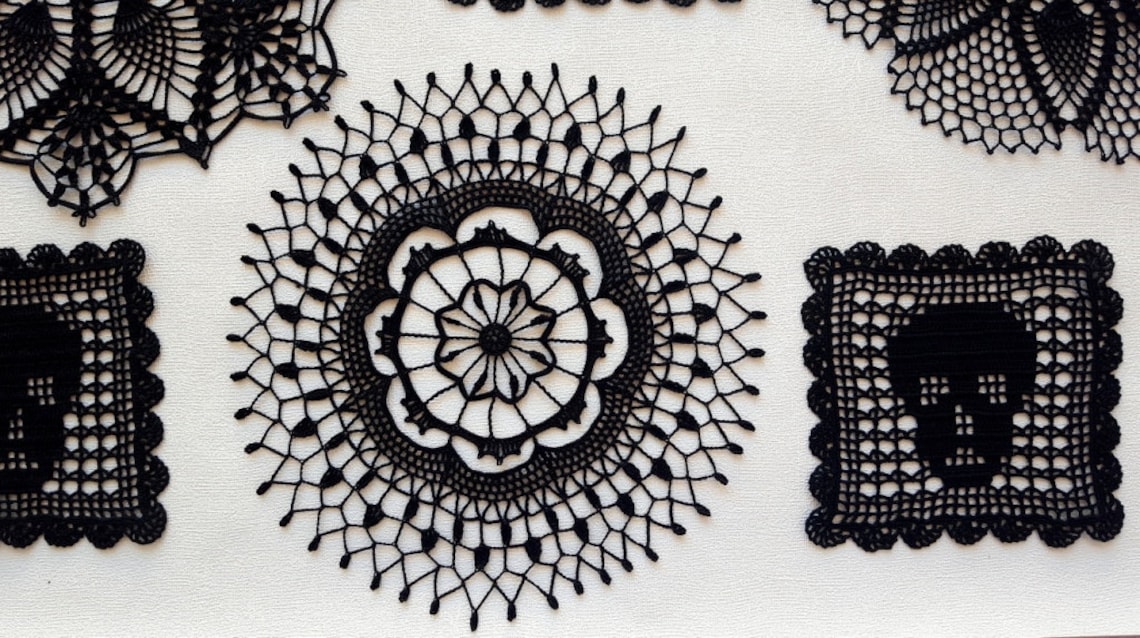 Crochet black lace doily round table topper black Etsy