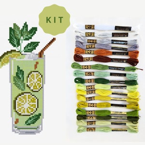 DMC Mojito embroidery kit. All needed supplies to cross stitch or embroider this summer design: threads bundle in green shades, hoop, aida.