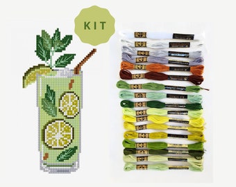 DMC Mojito embroidery kit. All needed supplies to cross stitch or embroider this summer design: threads bundle in green shades, hoop, aida.