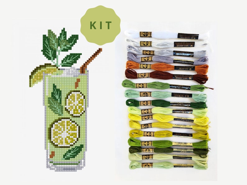 DMC Mojito embroidery kit. All needed supplies to cross stitch or embroider this summer design: threads bundle in green shades, hoop, aida. Buy Cross Stitch Kit