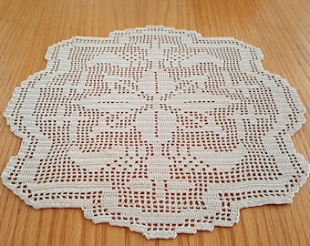 Crochet table topper filet beige mat doily French country decor 12.5 x 13 inch vintage style doily, handmade neutral home decor gift for mom