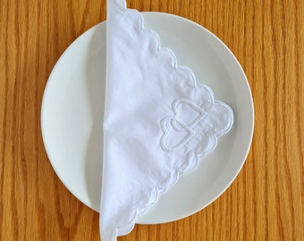 White cocktail napkins with scalloped edges and double heart embroidery. 15x15" table linens tea party decor mother's day gift bridal shower