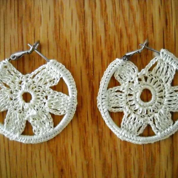 Crochet earrings / crocheted hoops / boho cream white earrigs / handmade jewelry / crochet jewelry / gift for her