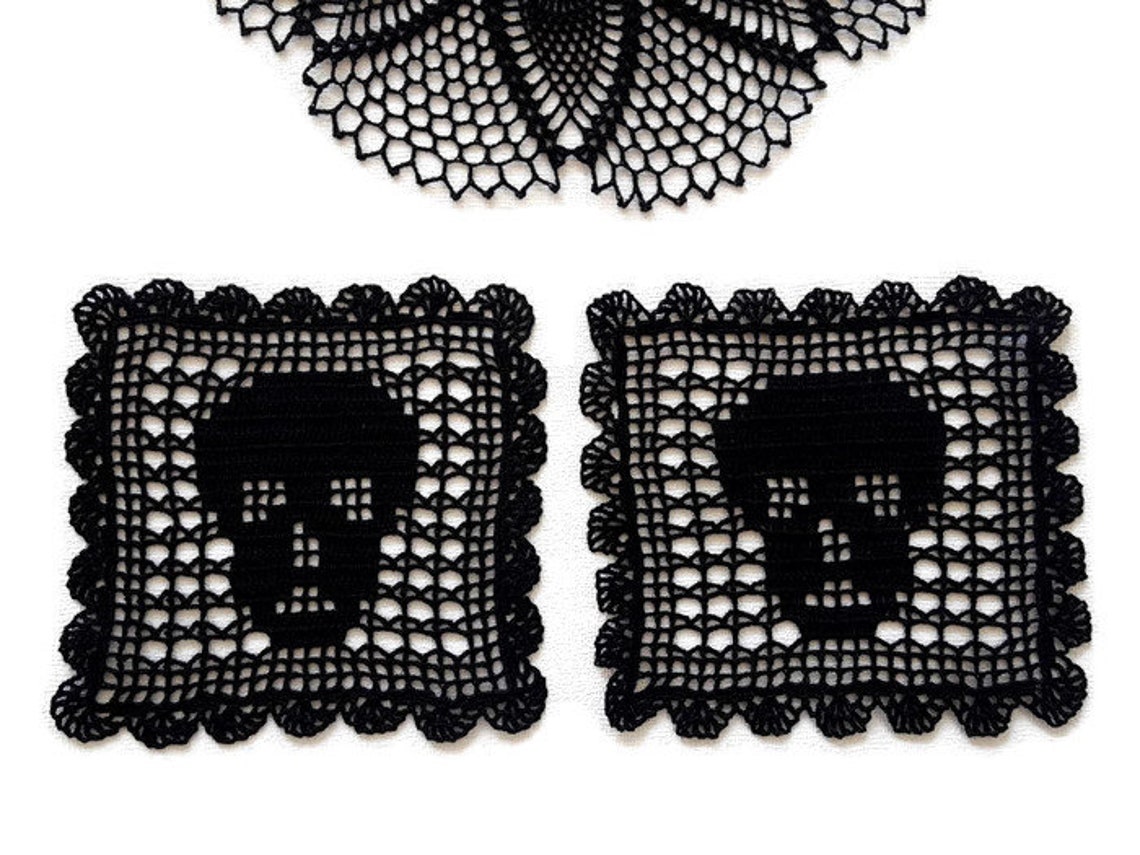 Black crochet skull doily square doily scary table topper Etsy