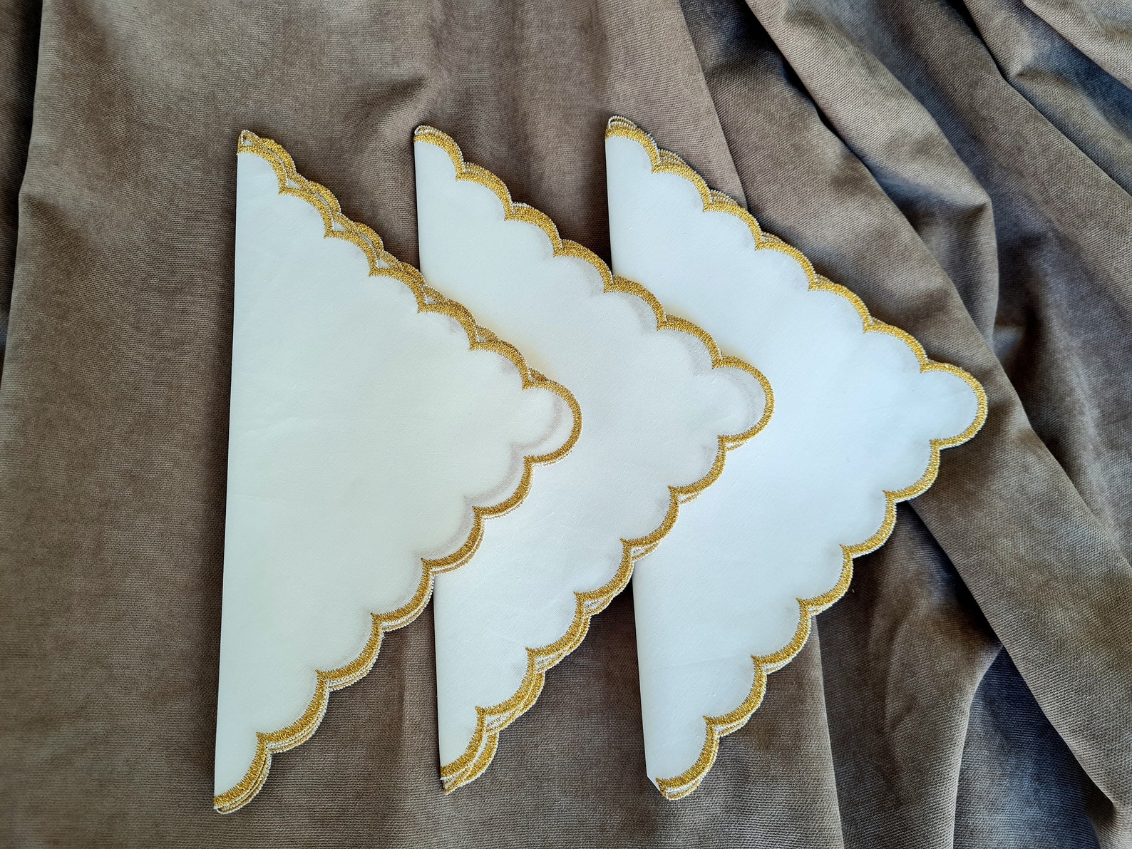White napkins with scalloped edges gold and silver trimmed. Etsy