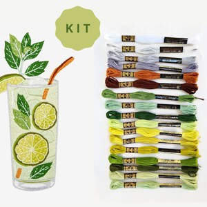 DMC Mojito embroidery kit. All needed supplies to cross stitch or embroider this summer design: threads bundle in green shades, hoop, aida. Buy Embroidery Kit