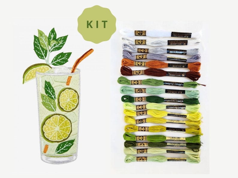 DMC Mojito embroidery kit. All needed supplies to cross stitch or embroider this summer design: threads bundle in green shades, hoop, aida. Buy Embroidery Kit