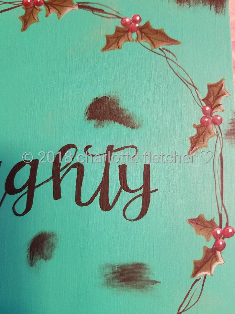 Naughty Christmas Wreath Holly Red Berries Stocking Coal Home Decor Christmas Decoration Wooden Canvas Original Art Farmhouse Rustic Art