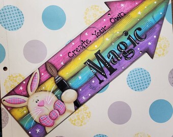 Rabbit Sign Bunny Sign Arrow Sign Create Your Own Magic Rainbow Colors Paintbrush Easter Spring Art Fun Background Gift Idea Hand painted