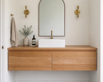 Floating white oak bathroom vanity