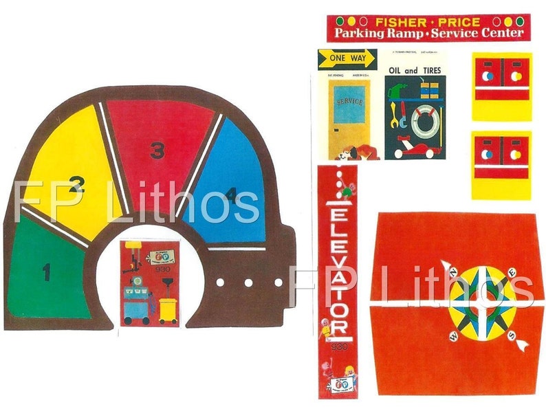 Vintage Fisher-Price Little People Play Family GARAGE 930 REPLACEMENT LITHOS Stickers Decals image 1