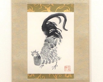 Rooster, Hanging scroll, Zen Art, Japanese Traditional Black Ink Painting, Sumie, Wall Decor, Interior Gift, House Warming, Auspicious Motif