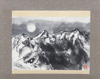 Snow Mountain and the Moon, Hanging Scroll, Zen Art, Asian Ink Painting, Sumie, Wall Decor, Interior Gift, House Warming, Auspicious Motif