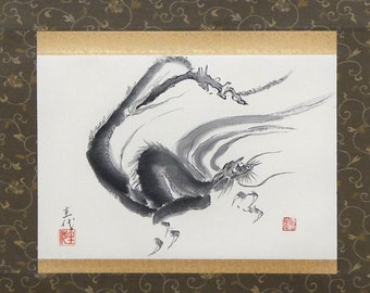 Dragon, Hanging scroll, Kakejiku, Zen Art, Japanese Black Ink Painting, Sumie, Wall Decor, Interior, Gift, House Warming, Auspicious Motif