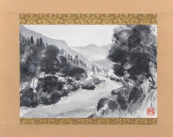 Landscape, Hanging scroll, Zen Art, Japanese Traditional Black Ink Painting, Sumie, Wall Decor, Gift, House Warming, Auspicious Motif