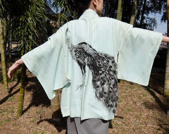 Haori Kimono Coat / Peacock / Unisex / Sumi-e Handpainted / vintage original painting wearable art