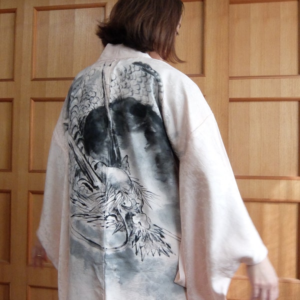Haori Kimono Coat / Dragon / Unisex / Sumi-e Handpainted / vintage original painting wearable art