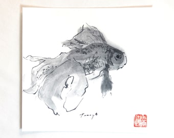 Goldfish, Japanese Traditional Black Ink Painting, Sumie, Suibokuga, Home Wall Decor, Interior, Gift, House Warming, Auspicious Motif