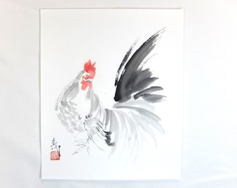 Rooster, Zen Art, Japanese Traditional Black Ink Painting, Sumie, Suibokuga, Home Wall Decor, Interior Gift, House Warming, Auspicious Motif