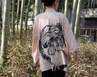 Haori Kimono Coat / Tiger / Unisex / Sumi-e Handpainted / vintage original painting wearable art