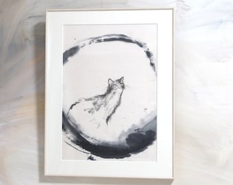 Cat and Enso, Zen Art, Japanese Traditional Black Ink Painting, Sumie, Suibokuga, Wall Decor, Interior Gift, House Warming, Auspicious Motif