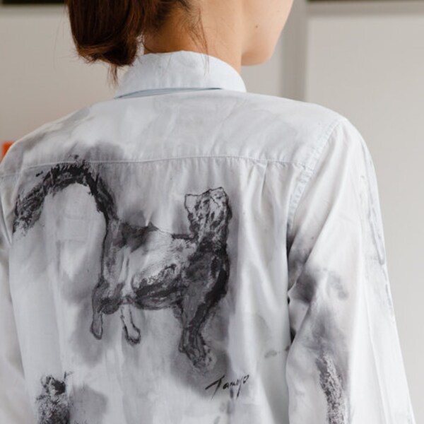 Cat, Sumi-e Hand Painted, Button-down Shirts. Women M