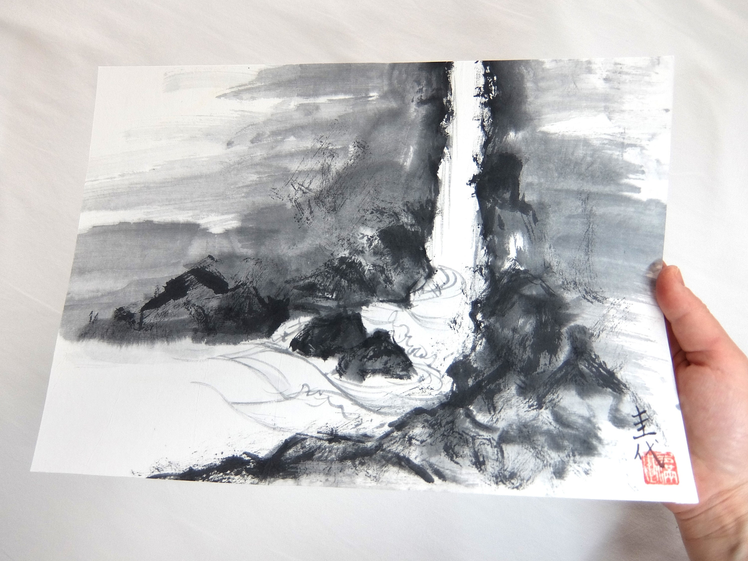 Waterfall, Zen Art, Japanese Traditional Black Ink Painting