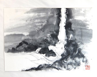 Waterfall, Zen Art, Japanese Traditional Black Ink Painting, Sumie, Suibokuga, Wall Decor, Interior, Gift, House Warming, Auspicious Motif