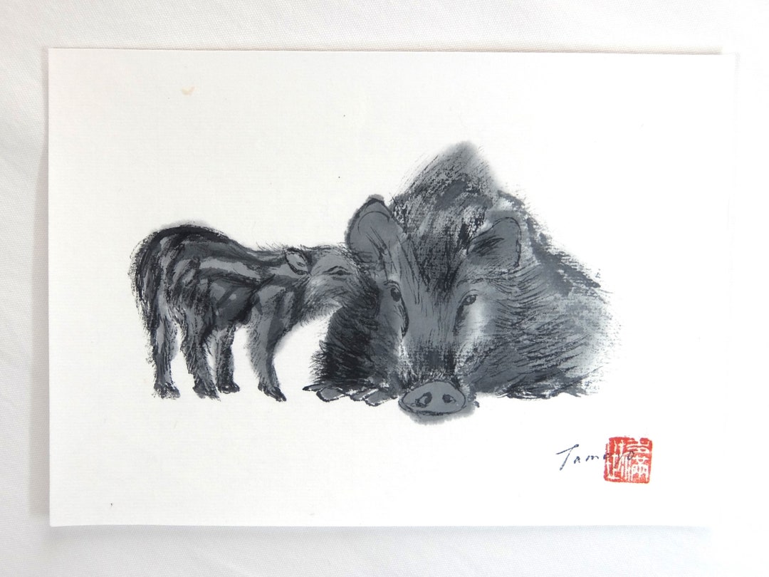 Wild Boar Family Sumi Ink Painting, Japanese Art - Etsy