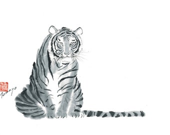 shuun シルクスクリーン　ANIMALS AITSURA Tiger, Japanese Traditional Black Ink Painting, Sumie