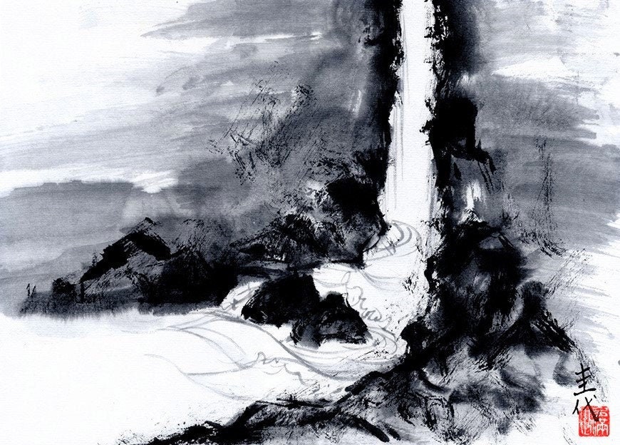 peinture asiatique en noir et blanc paysage zen grande chute d'eau