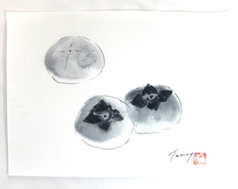 Persimmon, Japanese Traditional Black Ink Painting, Sumie, Suibokuga, Home Wall Decor, Interior, Gift, House Warming, Auspicious Motif