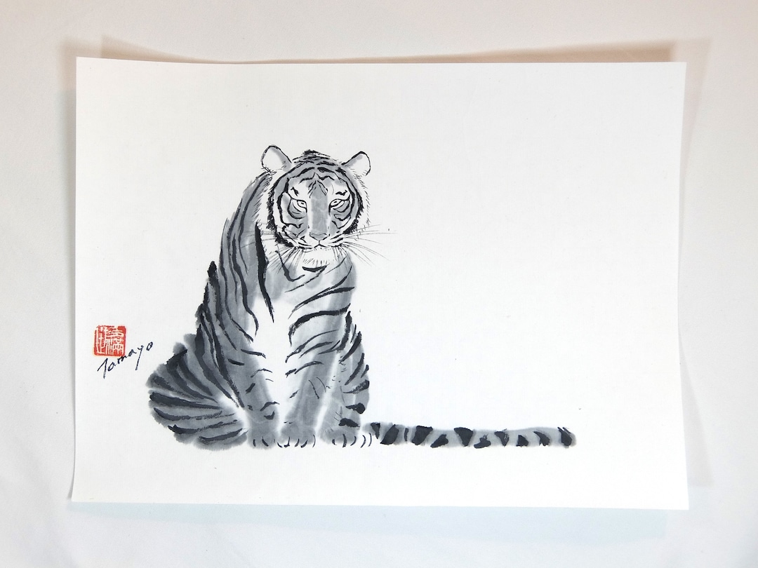 【大注目】 Tiger, Japanese Traditional Black Ink Painting, Sumie 絵画