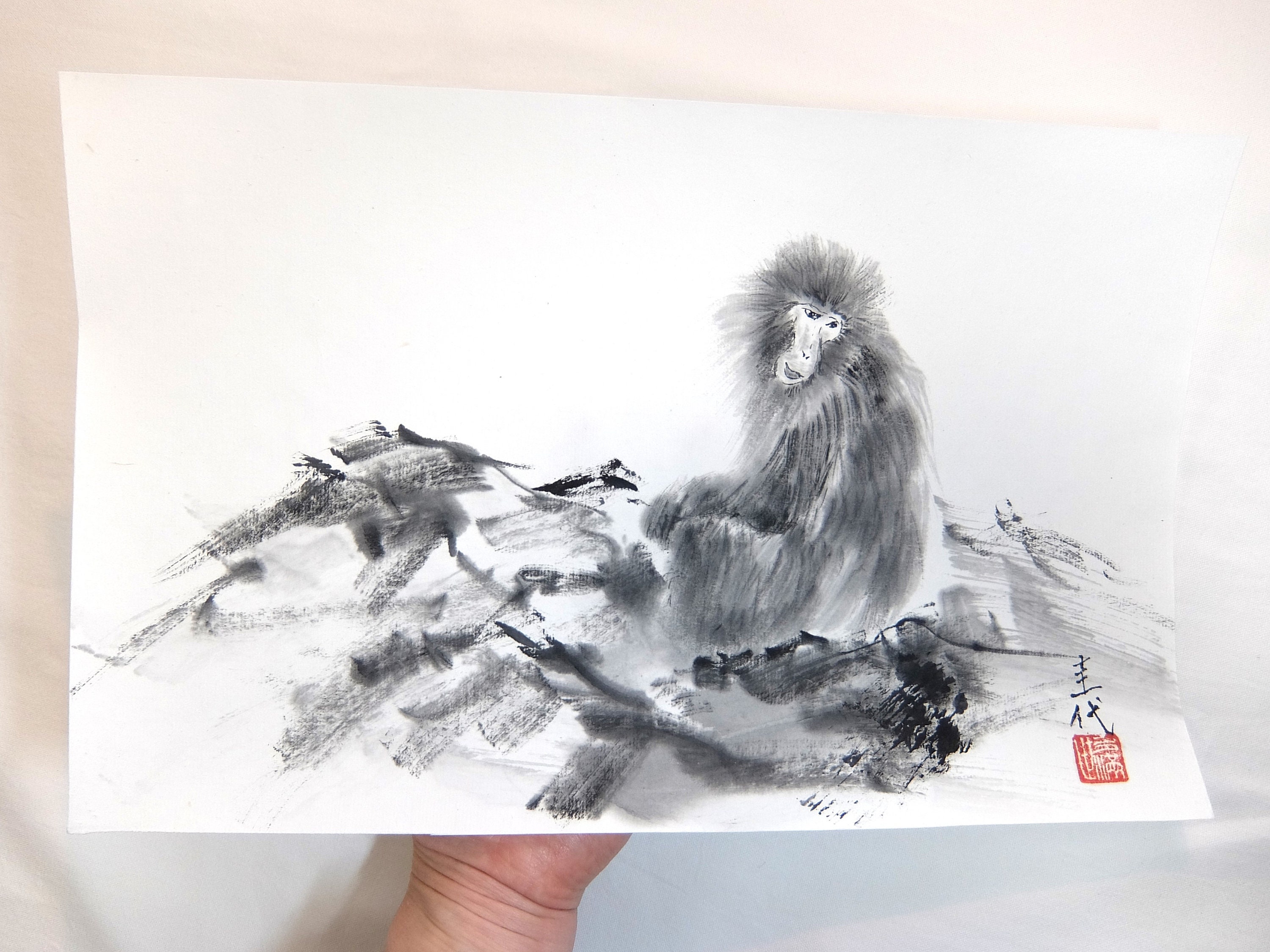 猿、日本の伝統的な黒水墨画、墨絵、水墨画、家の壁の装飾