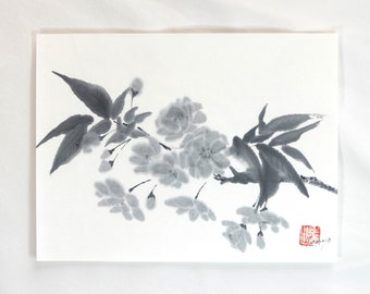 Sakura, Cherry Blossoms, Japanese Traditional Black Ink Painting, Sumie, Home Wall Decor, Interior, Gift, House Warming, Auspicious Motif