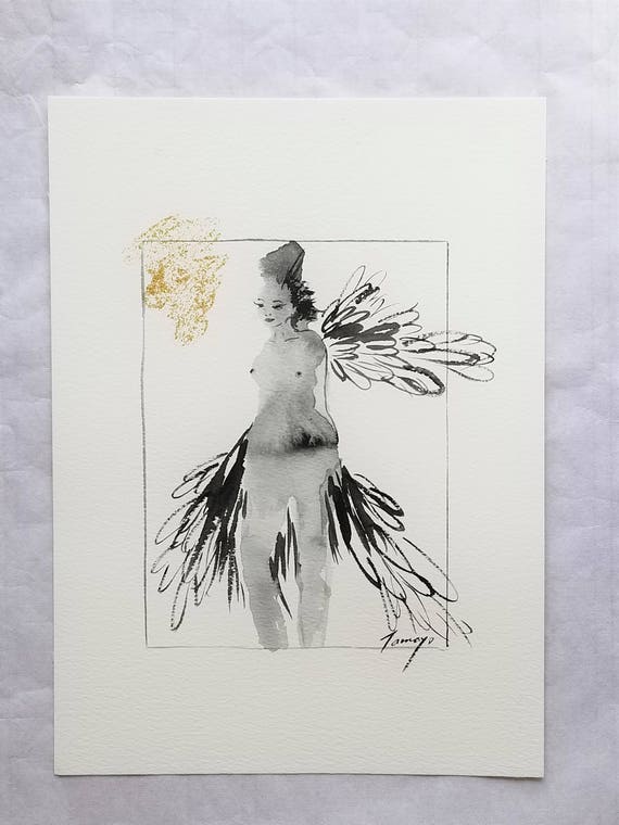 Angel And Gold Lights Sumie Drawing Gold Glitter Home Decor Interior Wall Painting Japanese Art Black Ink Sumie