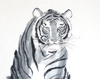 Tiger, Japanese Traditional Black Ink Painting, Sumie