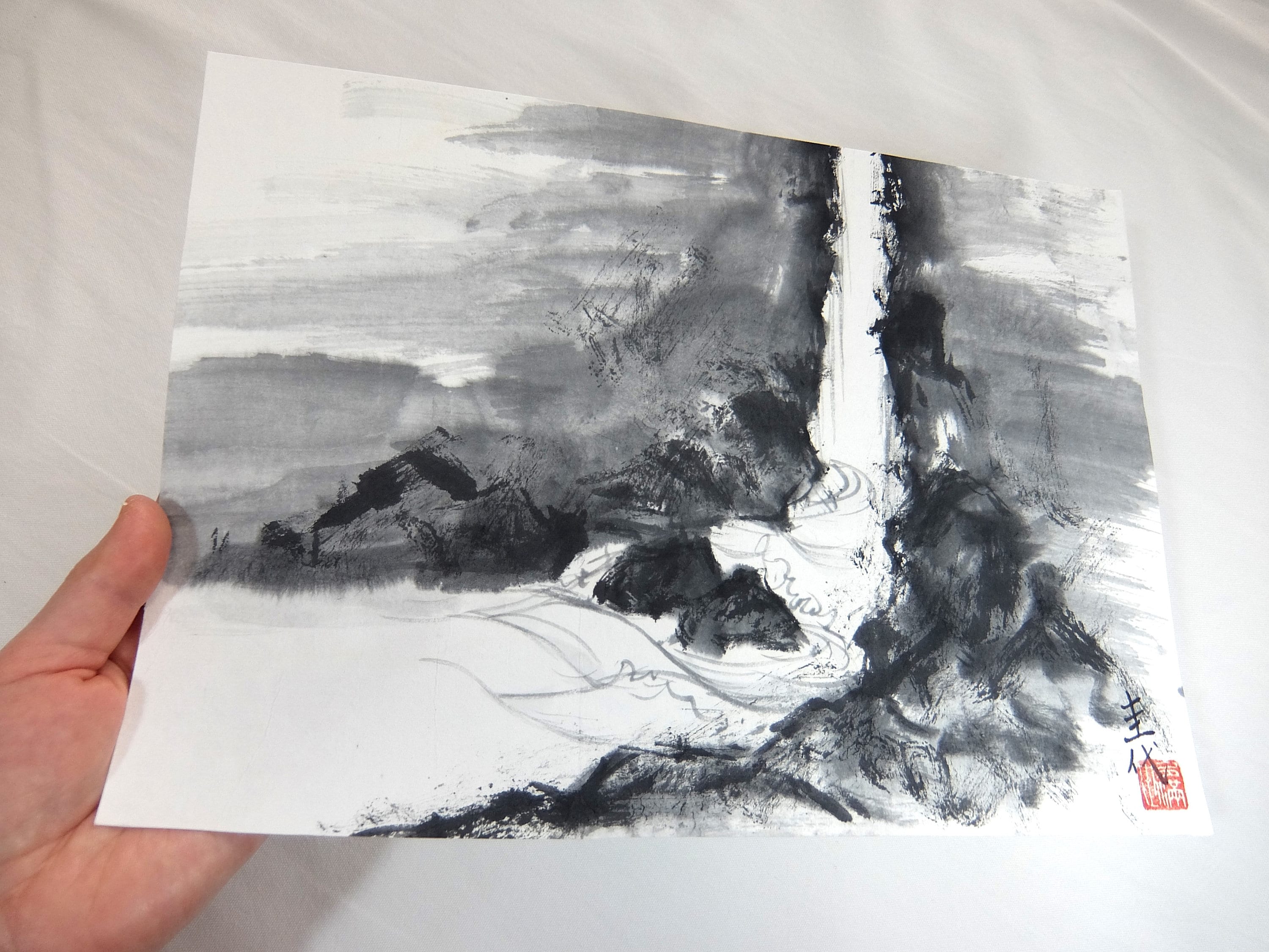 Waterfall, Zen Art, Japanese Traditional Black Ink Painting