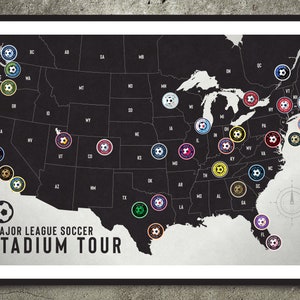 May include: A black and white map of the United States with football team logos in different colours. The map shows the locations of Major League Soccer stadiums. The text "MAJOR LEAGUE SOCCER STADIUM TOUR" is at the bottom of the map.