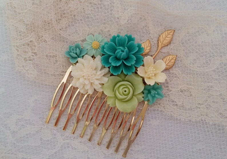 BRIDAL HAIR COMB Collage Assemblage Soft Teal Mint Off White Yellow Green Gold Floral Vintage Style Elegant Boho Country Bride Bridesmaids
