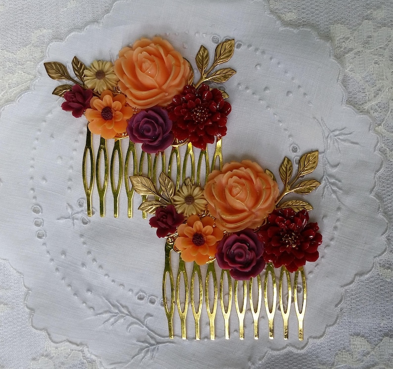 BRIDAL BRIDESMAIDS Hair Combs Collage Orange Red Plum Wine Gold Sunflower Daisy Vibrant Fall Wedding Rustic Chic Woodland Vintage Style