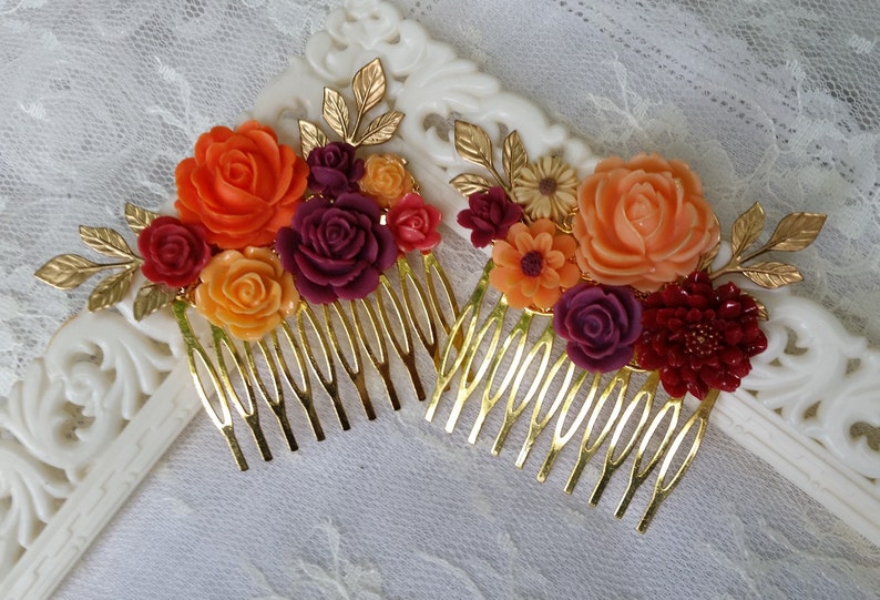 BRIDAL BRIDESMAIDS Hair Combs Collage Orange Red Plum Wine Gold Sunflower Daisy Vibrant Fall Wedding Rustic Chic Woodland Vintage Style