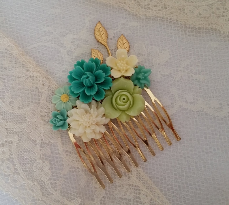 BRIDAL HAIR COMB Collage Assemblage Soft Teal Mint Off White Yellow Green Gold Floral Vintage Style Elegant Boho Country Bride Bridesmaids