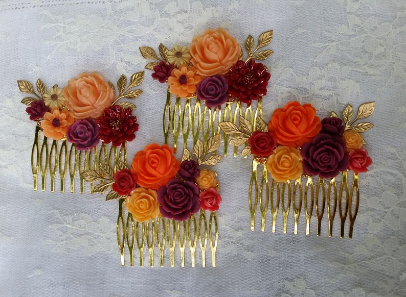 BRIDAL BRIDESMAIDS Hair Combs Collage Orange Red Plum Wine Gold Sunflower Daisy Vibrant Fall Wedding Rustic Chic Woodland Vintage Style