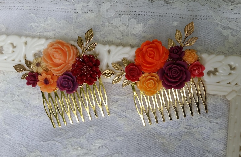 BRIDAL BRIDESMAIDS Hair Combs Collage Orange Red Plum Wine Gold Sunflower Daisy Vibrant Fall Wedding Rustic Chic Woodland Vintage Style