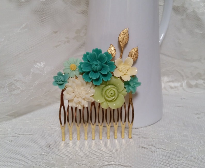 BRIDAL HAIR COMB Collage Assemblage Soft Teal Mint Off White Yellow Green Gold Floral Vintage Style Elegant Boho Country Bride Bridesmaids