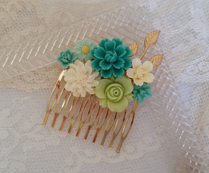 BRIDAL HAIR COMB Collage Assemblage Soft Teal Mint Off White Yellow Green Gold Floral Vintage Style Elegant Boho Country Bride Bridesmaids